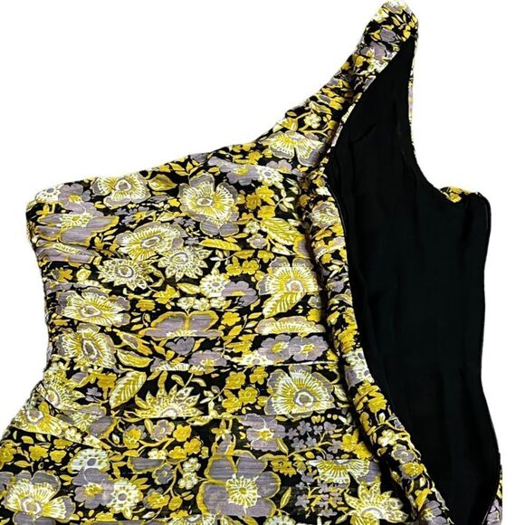 Zara one Shoulder Ruched Sides Metallic & Floral Chiffon Mini Cocktail Dress - Picture 7 of 9